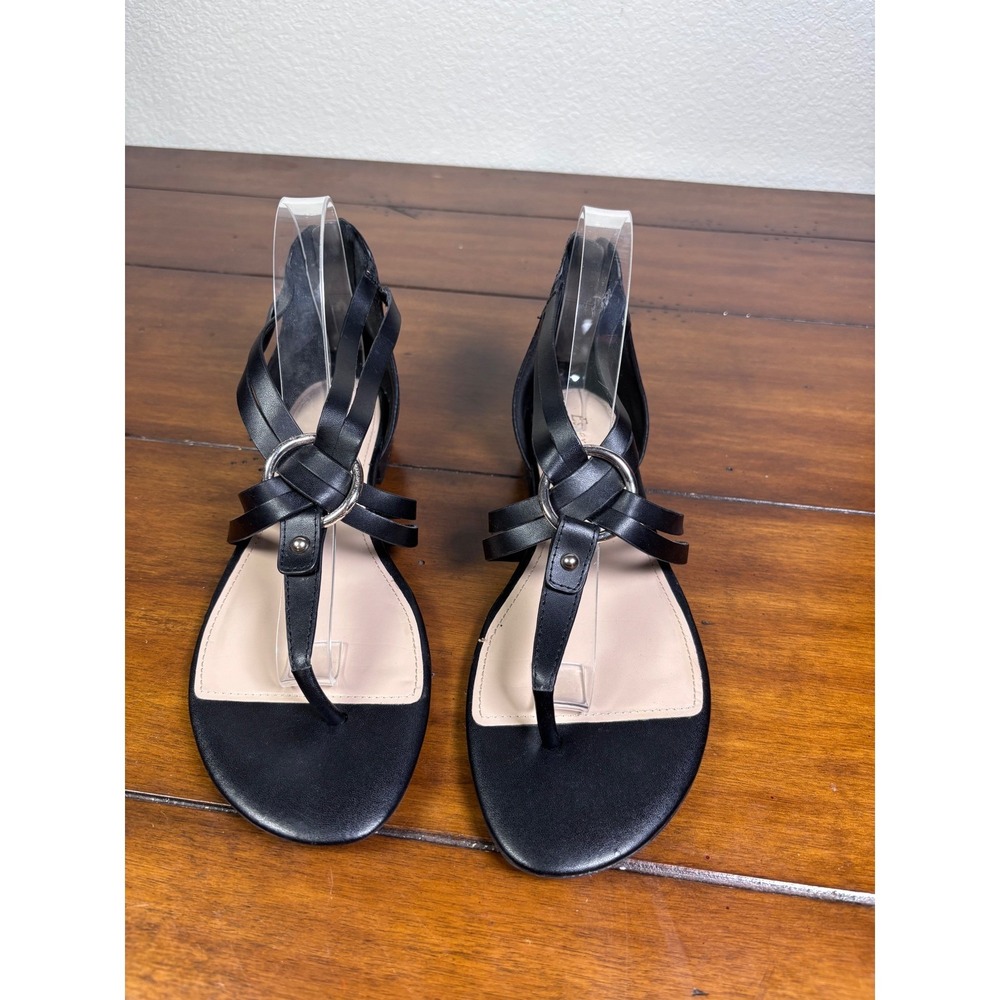 Essex Lane T-Strap Sandals Women 10 Black Silver Ring Hardware Back Zip Flat